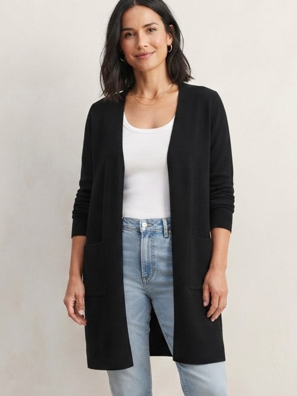 J Crew 365 Sz S Cotton Merino Wool Blend Black Open Front Cardigan Sweater